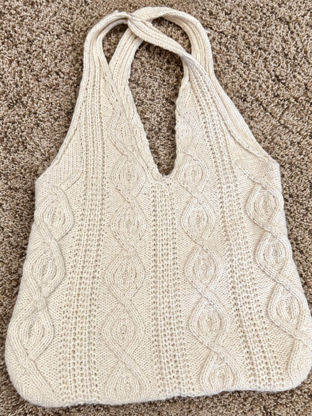 Ivory Cream Knit Crochet Textured Tote Bag Boho